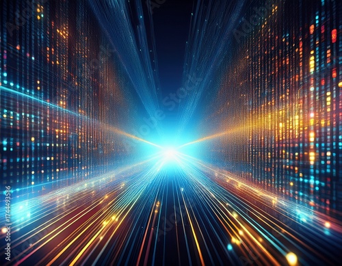 abstract digital data stream binary code glowing particles light burst