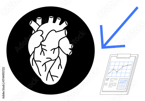 Anatomical heart illustration combined with clipboard graph data and blue arrow, representing health analysis, cardiology, medical research, wellness, diagnostics, education, simple flat metaphor