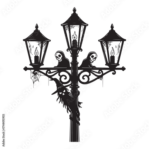 Spooky vintage street lamp with ghosts and witch silhouette Keywords: halloween, street lamp