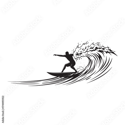 Surfer silhouette riding a powerful ocean wave surfing