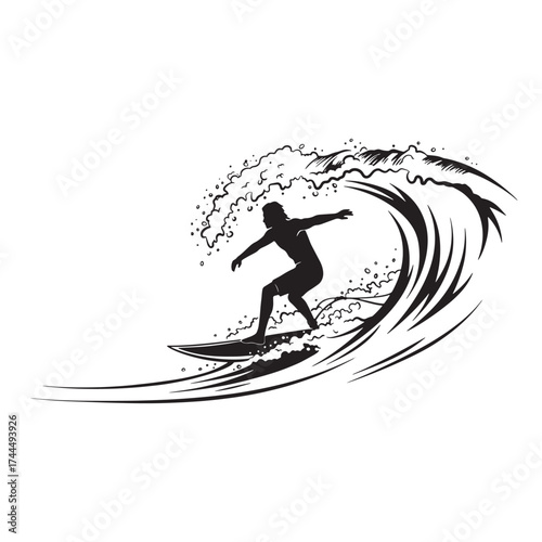Surfer riding a wave in black silhouette surfing ocean