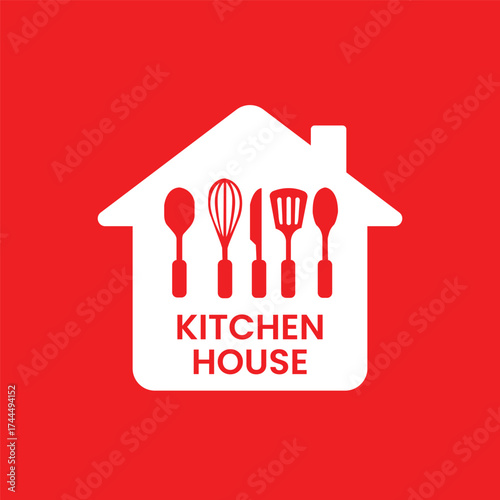 Red house with cutlery (fork, knife, spoon), symbolizing kitchen house, restaurant, home cooking, and dining, ideal for eateries, food delivery, or kitchenware brands.
