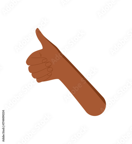 Flat colorful raised thumb up gesture sticker. Human hand with fingers closed in symbolic sign. Bright abstract concept of raised thumb for banner, template, or creative symbol.