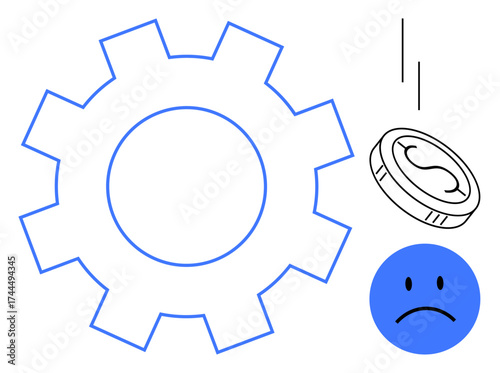 Large gear, dropping coin, and sad face combine to suggest financial struggles, inefficiency, or difficulty in processes. Ideal for finance, economics, workflow, failure productivity challenges