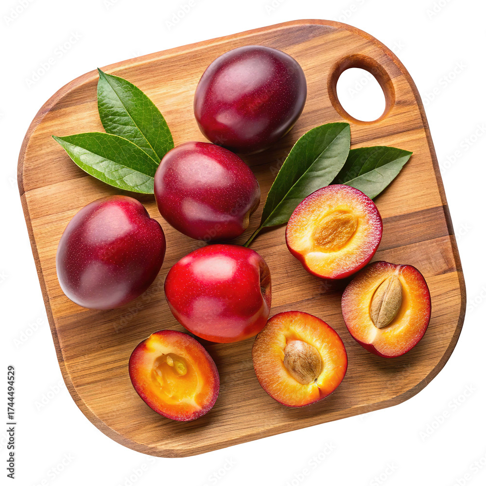 Fototapeta premium Fresh ripe plums and sliced plums displayed on a wooden cutting board isolated on transparent background