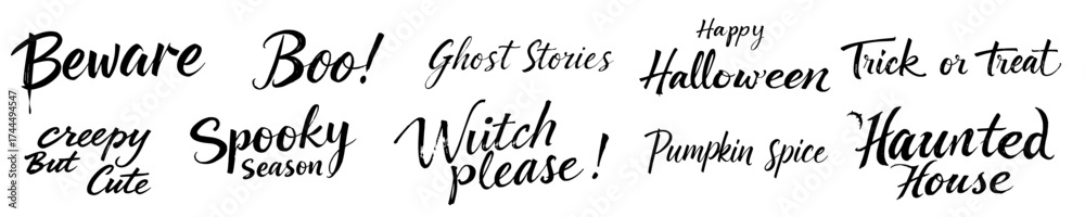 Obraz premium Halloween phrases in spooky black brush calligraphy: Witch please, pumpkin spice, haunted house, creepy cute, boo, trick or treat, Beware, Ghost Stories, Happy Halloween