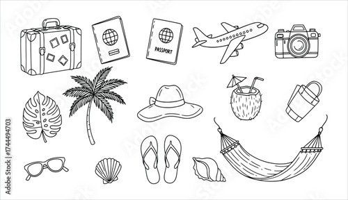 Travel and vacation doodle icons on white background