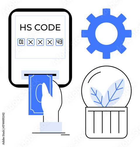 Hand inserting cash next to HS code, gear, and leaf in jar, symbolizing trade, economy, sustainability. Ideal for commerce, import-export, eco-friendly business innovation globalization