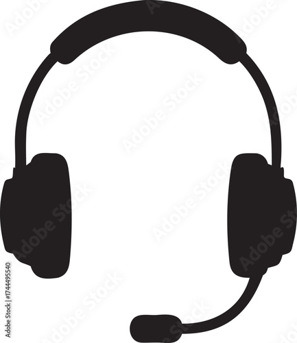 Simple silhouette icon of black headphones with a microphone for audio and communication