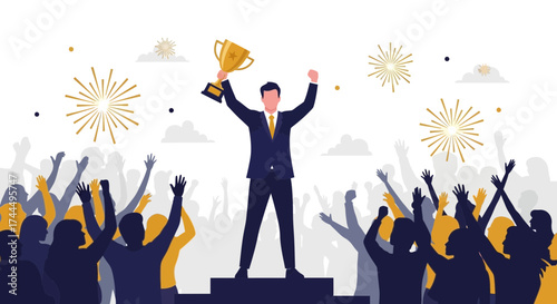 Business success illustration of a winner holding a trophy with people cheering vector