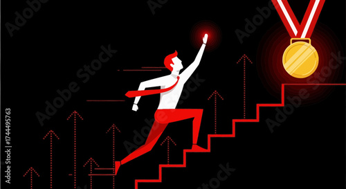 Business Success: Reaching The Goal, Achieving The Prize, Climbing With Ambition And Drive