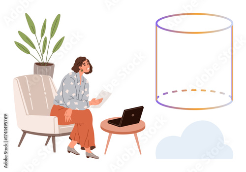 Woman sitting in chair with laptop and document, near a planter and abstract cylinder. Ideal for remote work, technology, cloud computing, innovation, creativity, work-life balance, simple flat