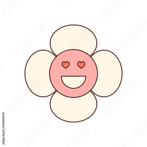 Groovy retro flower with pink cartoon face and cute smile. Happy heart and love icon show playful y2k character, cute fun element in a colorful style, perfect for cheerful positive projects.