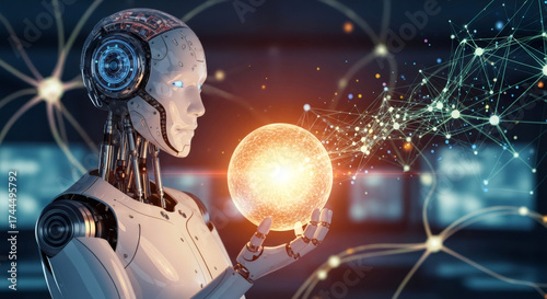 Advanced humanoid robot holds a glowing sphere in its hand, representing artificial intelligence and data connection for future technology concepts.