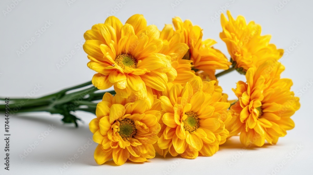 Fototapeta premium A bouquet of bright yellow chrysanthemums sits against a plain background. The flowers display rich textures and vibrant colors creating a cheerful and lively atmosphere.