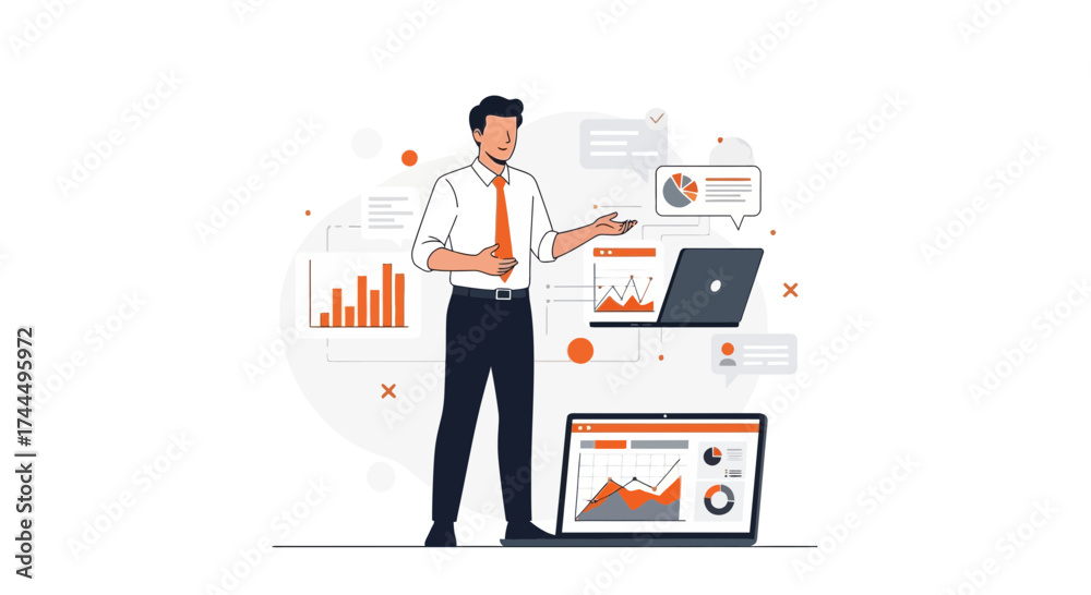 Fototapeta premium Business professional presents data analysis and insights on a laptop screen illustration