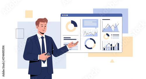 Business Professional Presenting Statistical Charts and Analytical Data on a Screen