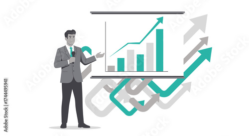 Business Professional Presenting Statistical Growth Chart and Upward Trend Analysis