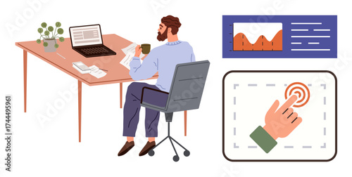 Man sitting at desk with laptop and papers, holding coffee. Graphs and hand touch icon nearby. Ideal for work-from-home, productivity, data analysis, business, remote work, focus simple flat
