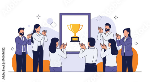 Business Team Applauding Success Celebration With Trophy Award Illustration Design