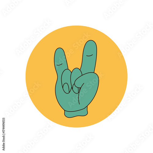 Groovy hand sticker in retro badge style, flat yellow circle with playful symbol and label. Modern lid concept for package or y2k product accent, vibrant illustration for cool usage.