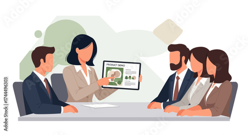 Business Team Collaboration in a Conference Room, Presenting a Product Demonstration Digitally