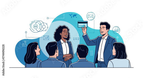 Business team discussing credit card and finance in a modern flat illustration