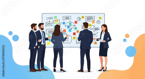 Business team discussing project strategies and plans near a whiteboard concept