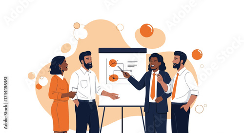 Business team discussing the graphs and charts presented on a whiteboard in the meeting
