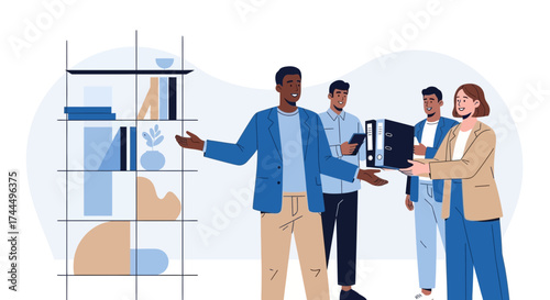 Business team discussion about data on a shelf in the office with presentation