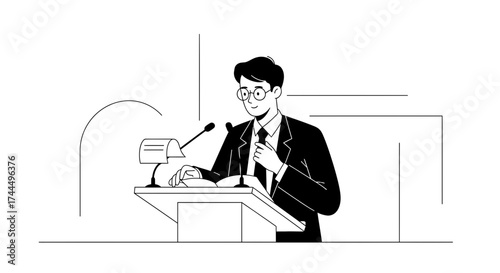 Business Speaker Presenting Lecture In Suits At Podium, Delivering Speech With Microphones
