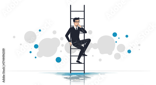 Businessman Analyzing Ladder to Success Conceptual Illustration Graphic Design Visualization