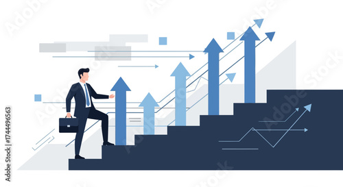 Businessman Ascending Staircase Towards Progress with Arrows Illustrating Growth and Success