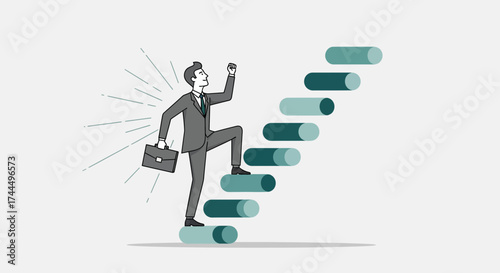 Businessman Ascending Stairs Symbolizing Growth, Success, and Reaching Goals in Career