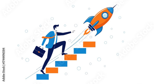 Businessman Ascending Stairs Towards a Rocket, Symbolizing Growth and New Endeavors