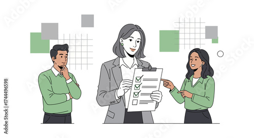 Business Team Reviewing Checklist With Affirmative Marks And Contemplating Colleague