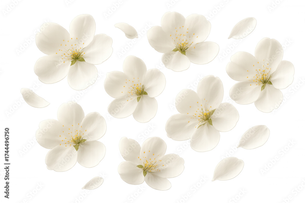 Fototapeta premium White cherry blossom flowers and falling petals, creating delicate floral design elements for spring and nature concepts