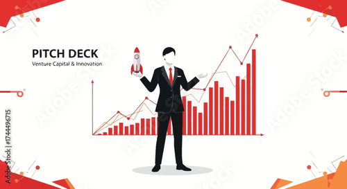 Business Startup Pitch Deck With Rocket And Rising Chart Demonstrating Success And Growth