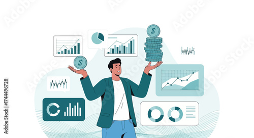 Businessman Balancing Finance And Data Visualisations To Illustrate Growth And Financial Success