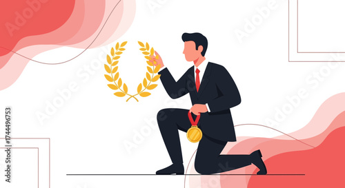 Businessman Celebrates Achievement Holding Laurel Wreath and Medal Depicting Great Success