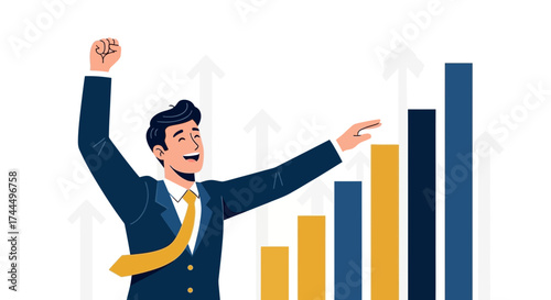Businessman Celebrates Achievement Next To a Rising Financial Graph, Success Concept