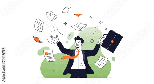 Businessman Celebrates Success By Tossing Papers In The Air, Triumph and Victory