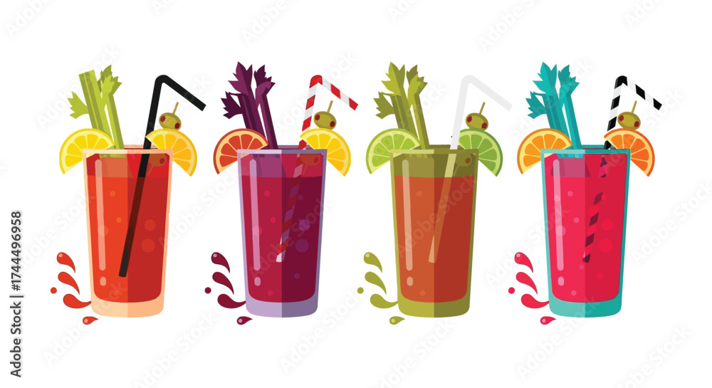 Fototapeta premium Four colorful and vibrant versions of the classic Bloody Mary cocktail