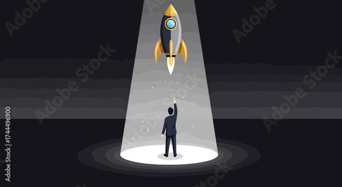 Business Visionary Reaching For Rocket, Aspiring To Achieve Ambitious Goals And Dreams
