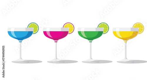 Vibrant array of four colorful Gimlet cocktails, each with citrus garnish