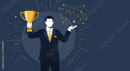 Businessman celebrating success holding trophy with stars, achieving goals and rewards