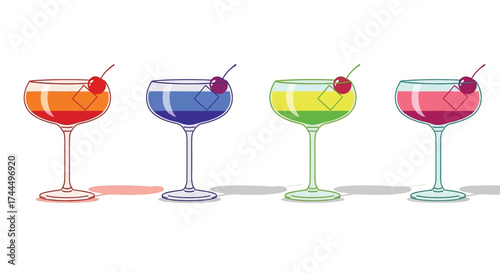 Four colorful Manhattan cocktails arranged side by side in a playful flat style