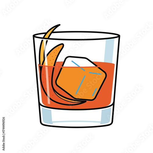 Stylish glass of old fashioned cocktail with ice and orange zest garnish