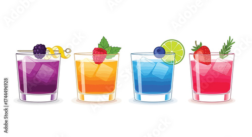 A vibrant array of four colorful stylized cocktail illustrations on white