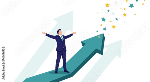 Businessman Celebrating Success On An Arrow Ascending And Reaching For Stars